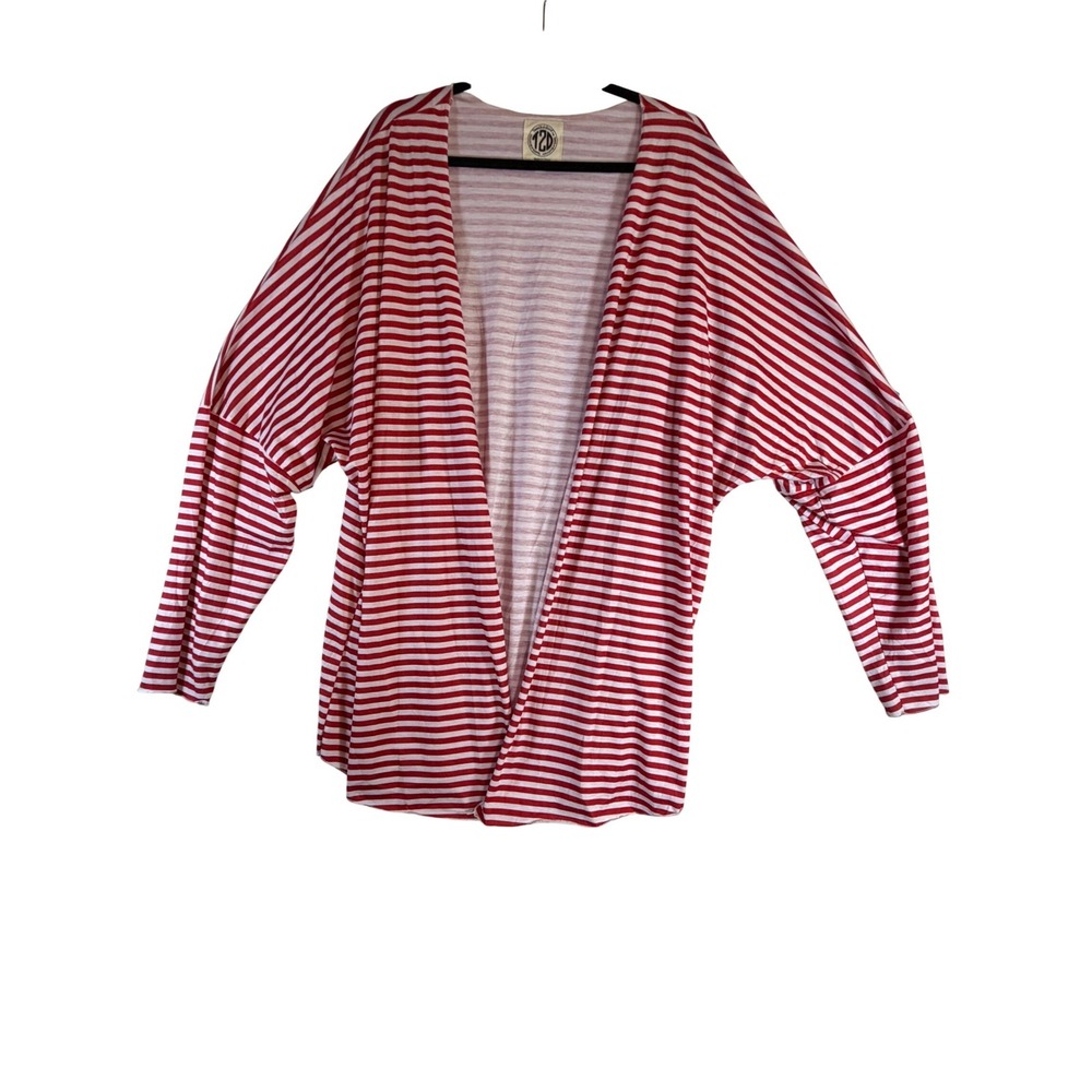 Tees2urdoor Womens Red White Striped Open Front Cardigan Oversized Long Sleeve